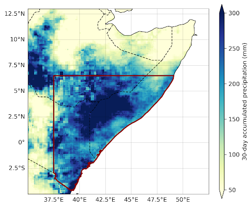 A map showing rainfall accumulation over the Horn of Africa (October to November)