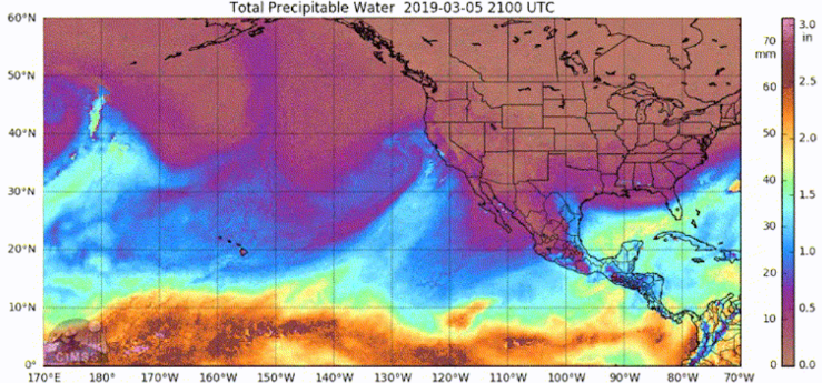 A map showing atmospheric rivers forming over the tropical Pacific Ocean and heading for the U.S. West Coast.