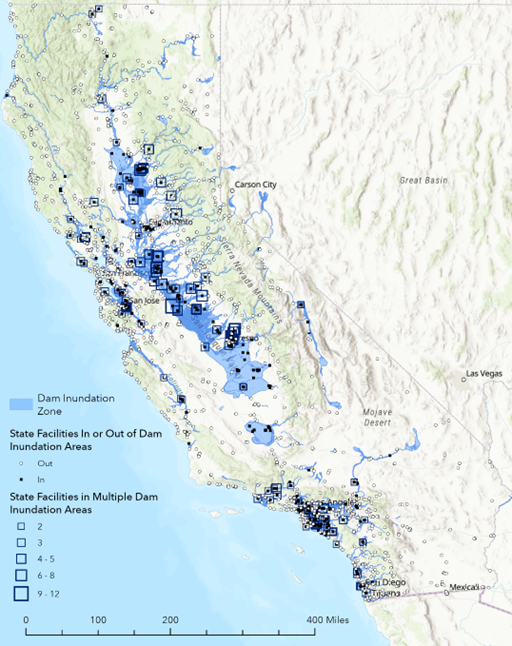 A map showing California state-owned structures in dam-failure inundation areas.