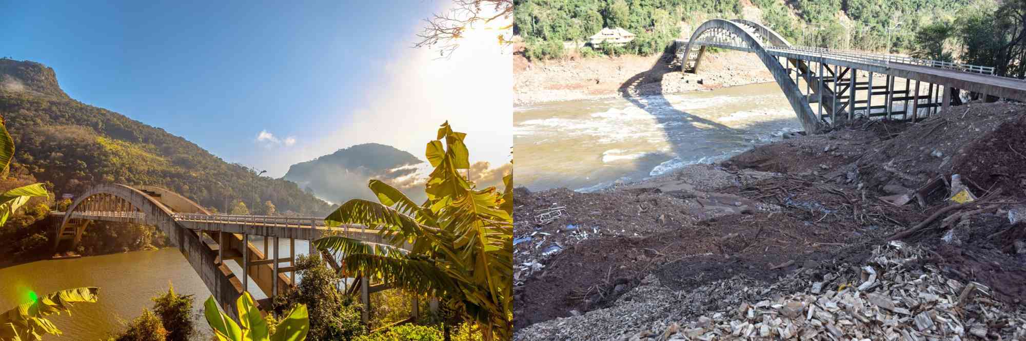 Main access road to Veranapolis, Brazil, before and after the 2024 floods