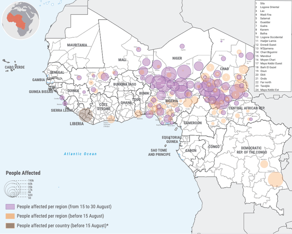 A map depicting the flood situation in West and Central Africa in September 2024