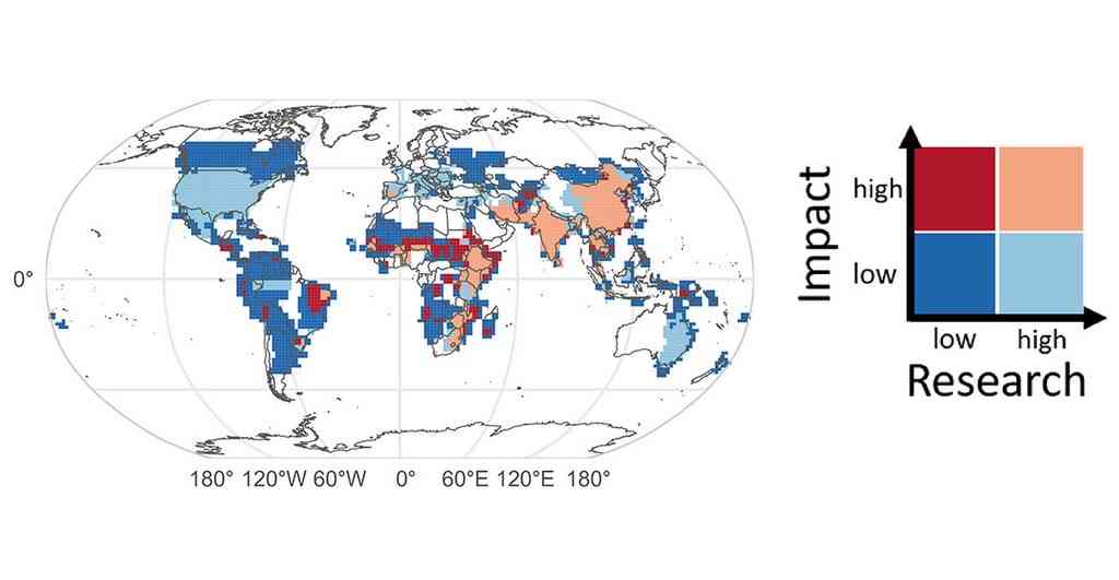 A color-coded global map showing the availability of research related to droughts.