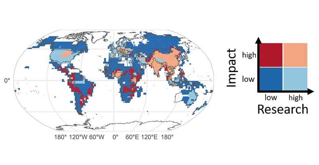 A color-coded global map showing the availability and impact of flood research worldwide