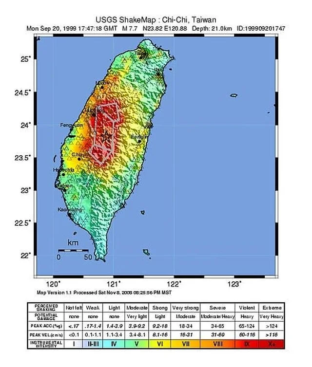 A color-coded shakemap produced by the United States Geological Survey showing the different intensities of the 1999 Chichi earthquake across Taiwan
