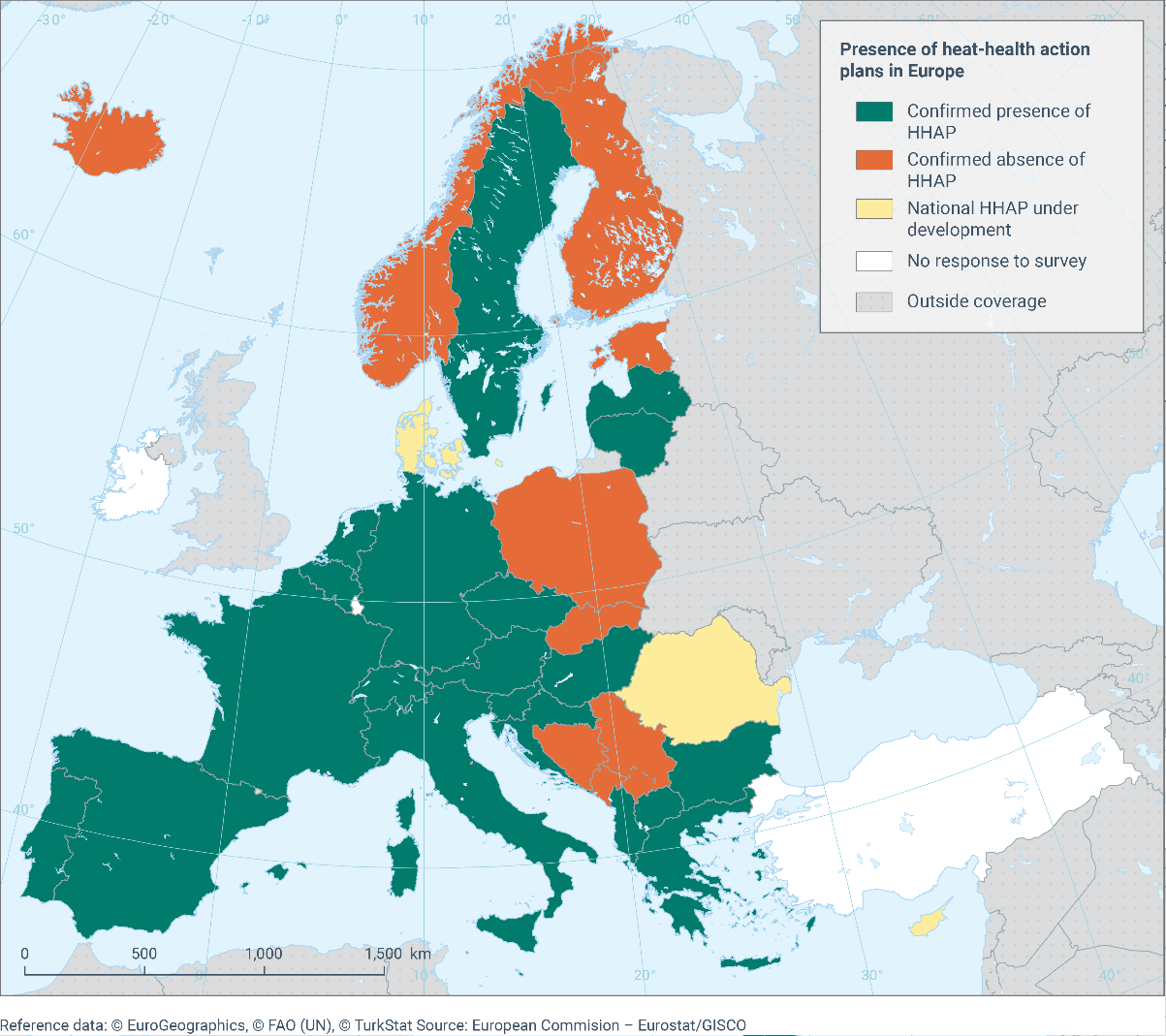 A map indicating the presence of heat-health action plans (HHAPs) in Europe