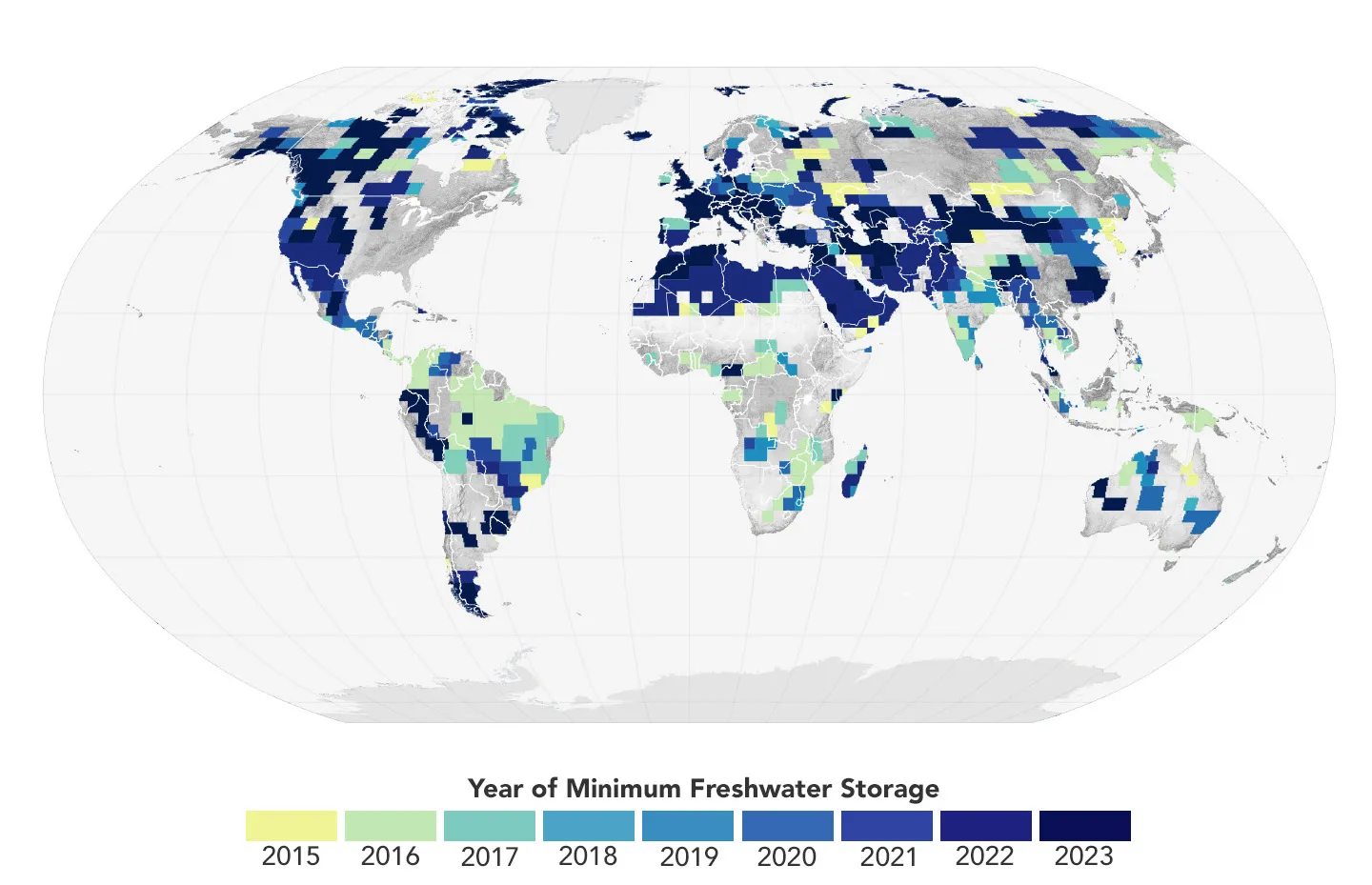 A global map showing the years that terrestrial water storage hit a 22-year minimum