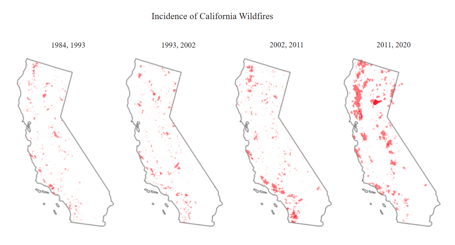 A series of maps showing the incidence of California wildfires from 1984 to 2020