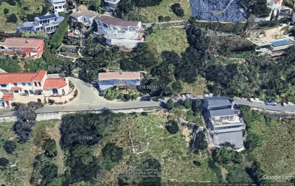 A Google Earth image of the site of the landslides following the Palisades Fire in Los Angeles County.