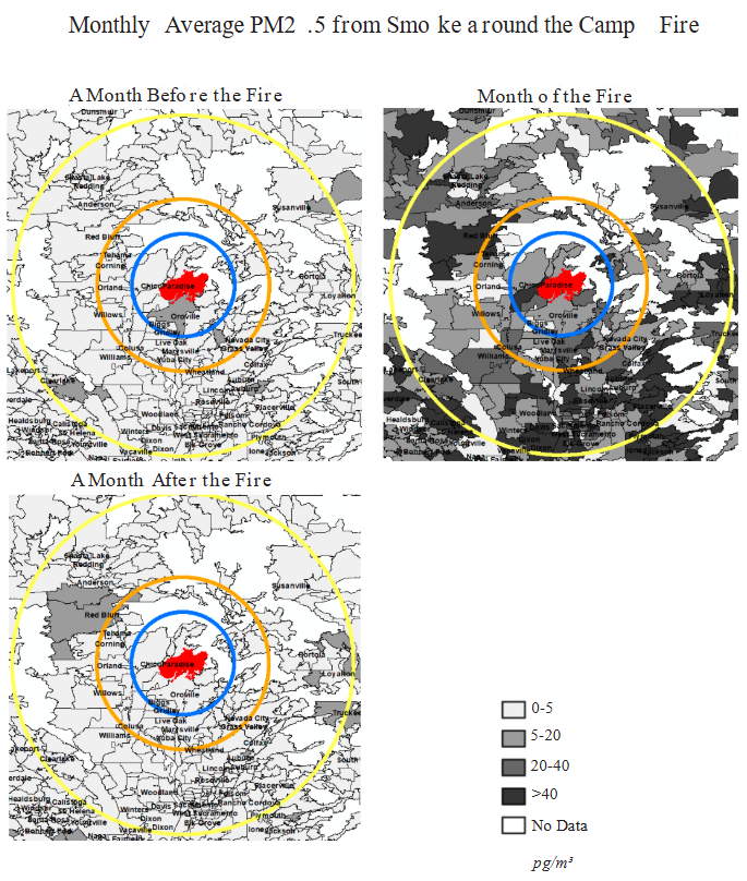 A series of maps showing monthly average PM2.5 from smoke emitted by the Camp Fire in 2018