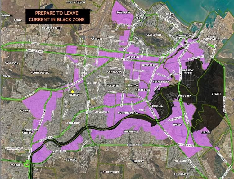 A map produced by Townsville City indicating areas at risk of flooding and areas under evacuation orders