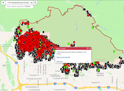 A map showing house damage across the area affected by the Eaton fire