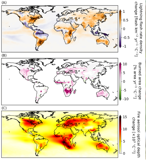 A global map showing changes in lightning, fires and smoke, expressed per oC global warming.