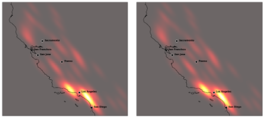Stylized maps showing fire ignitions during dry and wet seasons in California