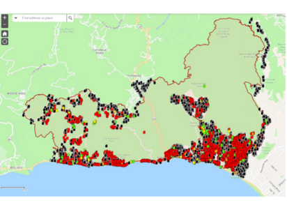 A map showing housing damages in the are affected by the Palisades fire
