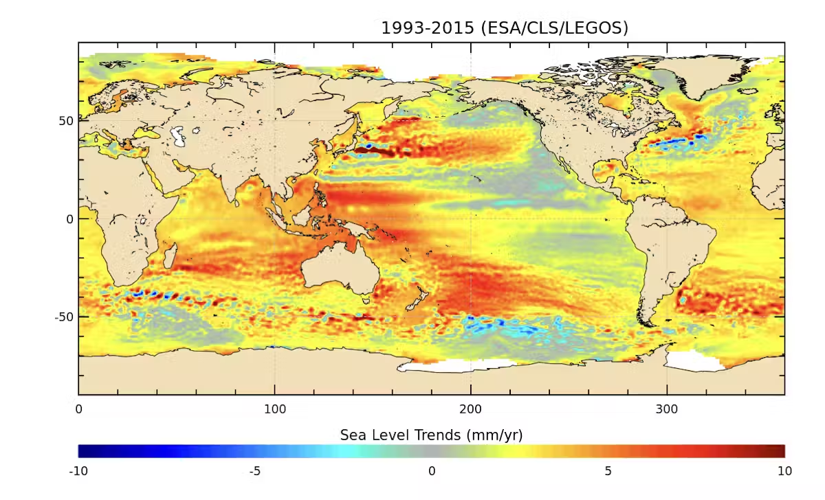 A sea level rise map using satellite data from 1993 to 2015