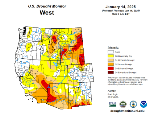 A map showing the drought index for western United States