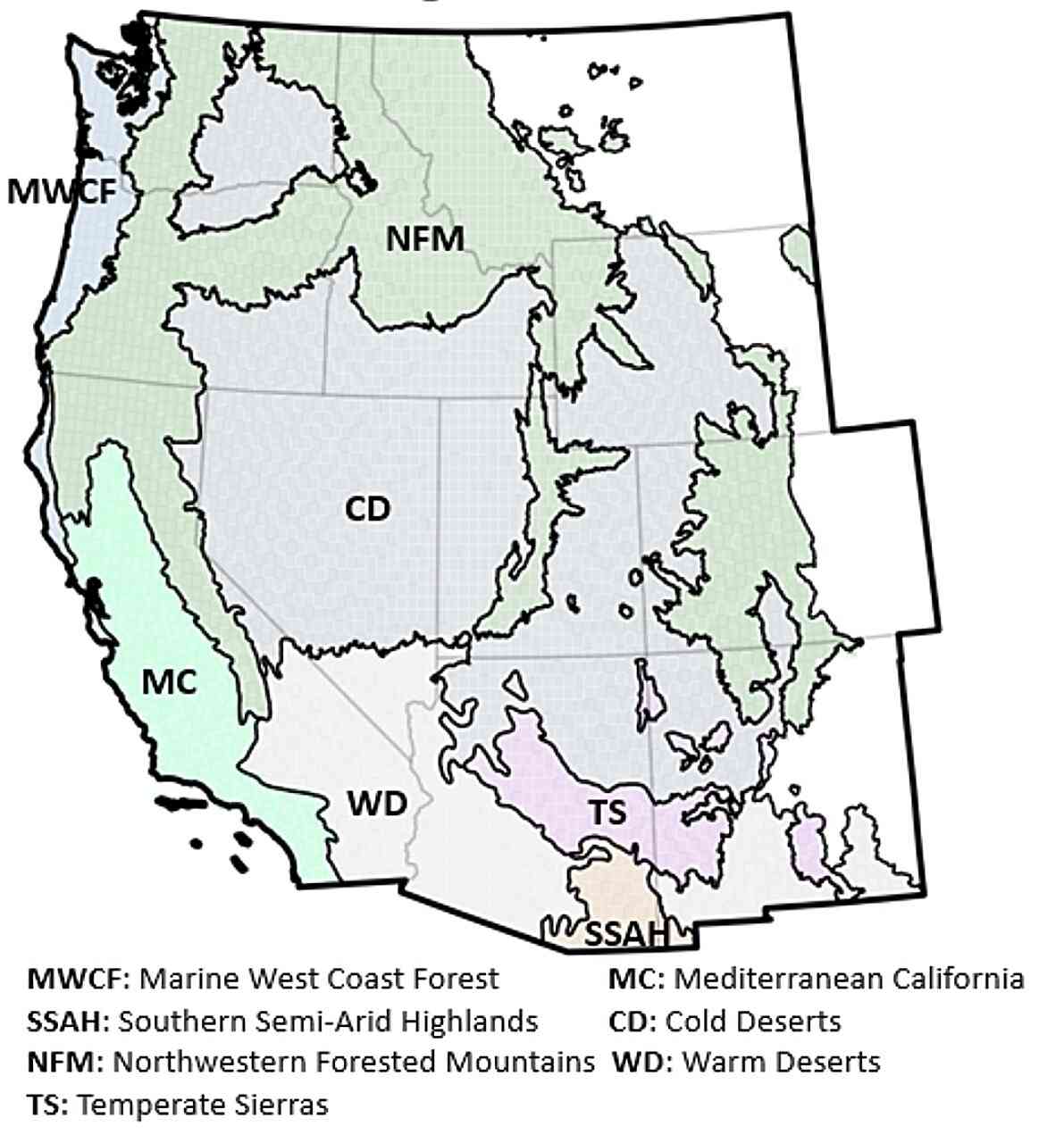 Map showing ecoregions of the Western United States.