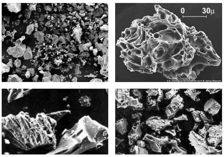 Electron microscope images of ash showing how sharp the shards are