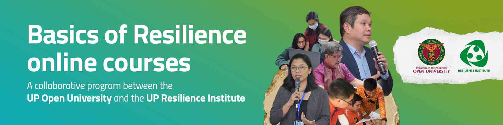 This is the header of the Basics of Resilience online course displaying the title and a group of people in front of a green background.