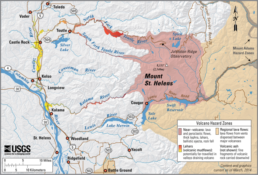 Mount St. Helens, Washington simplified hazards map showing potential impact area for ground-based hazards during a volcanic event.