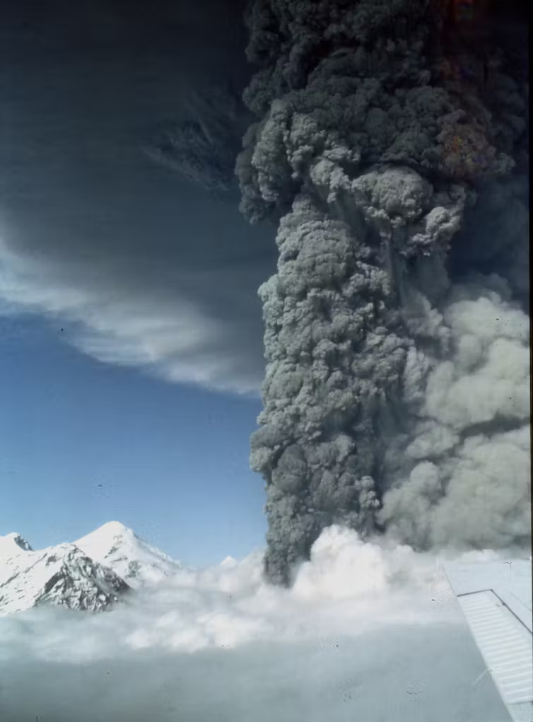A dark column of ash and gas from the Mount Spurr's Crater Peak vent