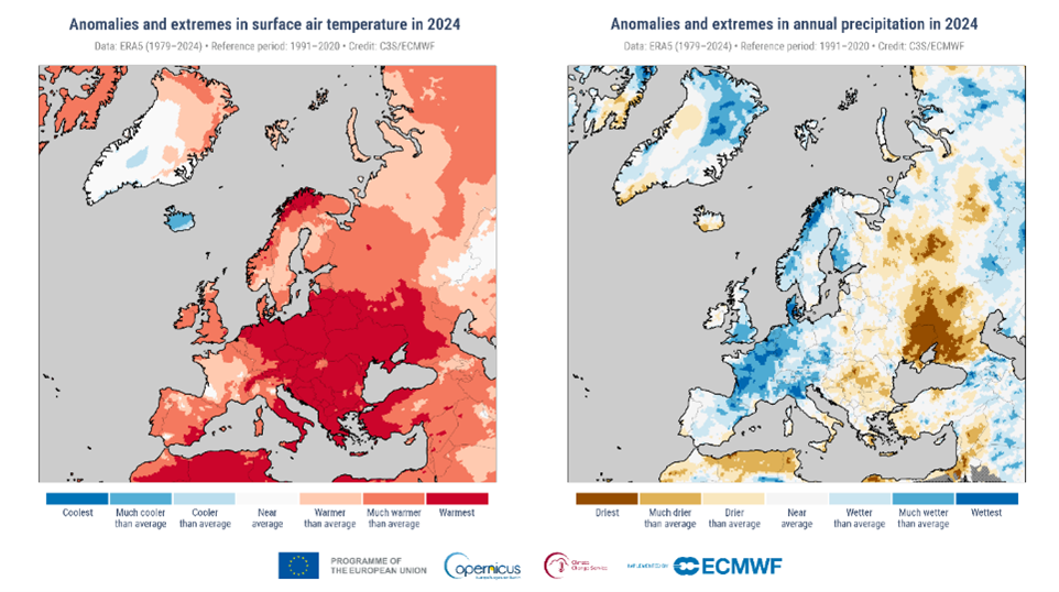 A pair of maps of Europe highlighting heat and precipitation anomalies