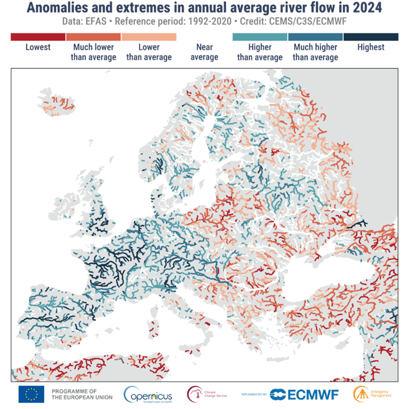 A map of Europe showing anomalies and extremes in annual average river flow in 2024.