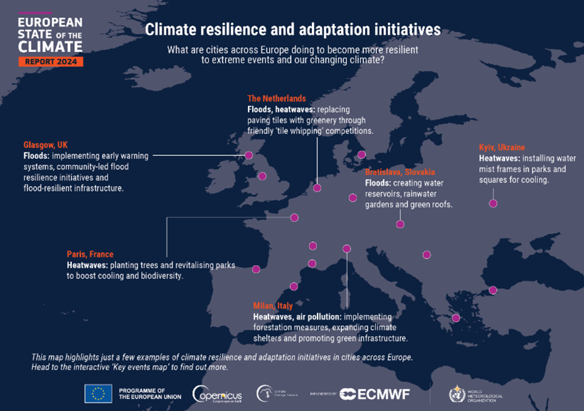 A map of Europe highlighting climate resilience and adaptation initiatives in 2024