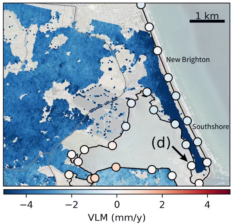 A map showing vertical land movement (VLM) in Christchurch, highlighting areas that are sinking