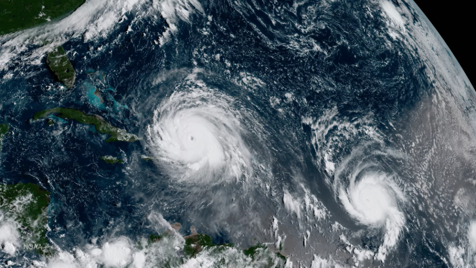A satellite view showing hurricanes Irma, left, and Jose in the Atlantic Ocean on Sept. 7, 2017.