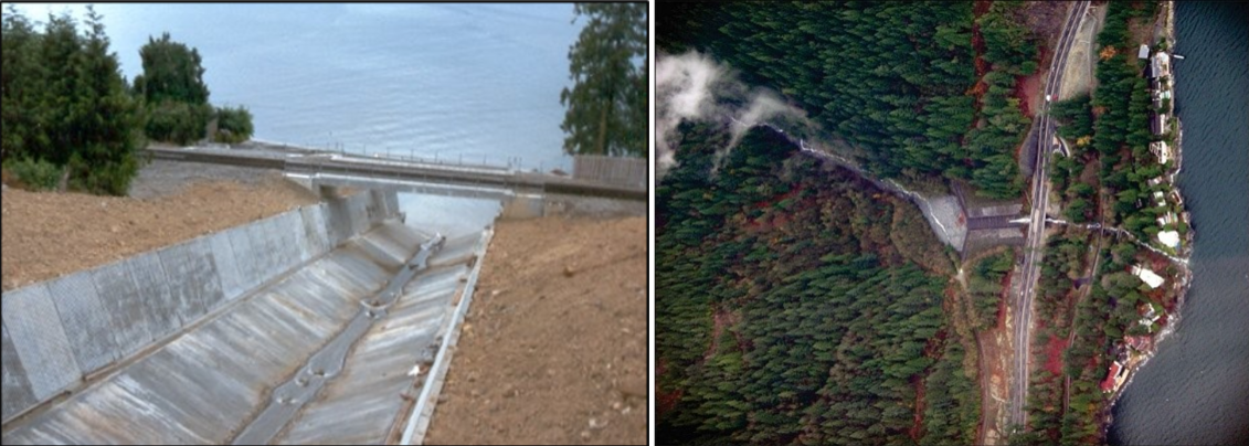 Mitigation measures featuring a shooting channel; right; debris basin/catchment basin
