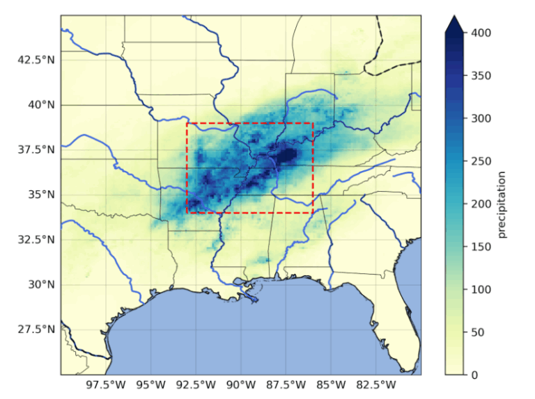 A map showing 4-day accumulated precipitation over the Central Mississippi river valley from 03/04/2025-06/04/2025