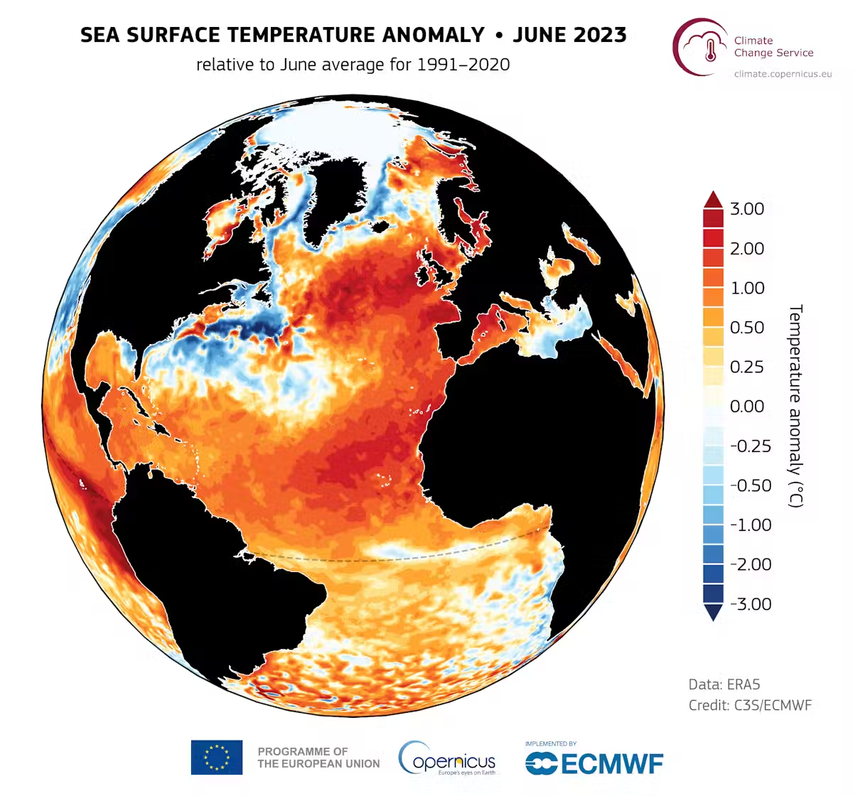 A map showing the sea surface temperature anomaly (°C) for the month of June 2023, relative to the 1991–2020 reference period