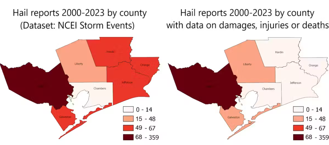 A pair of maps showing how hailstorm reports in Southeast Texas are correlated with populations