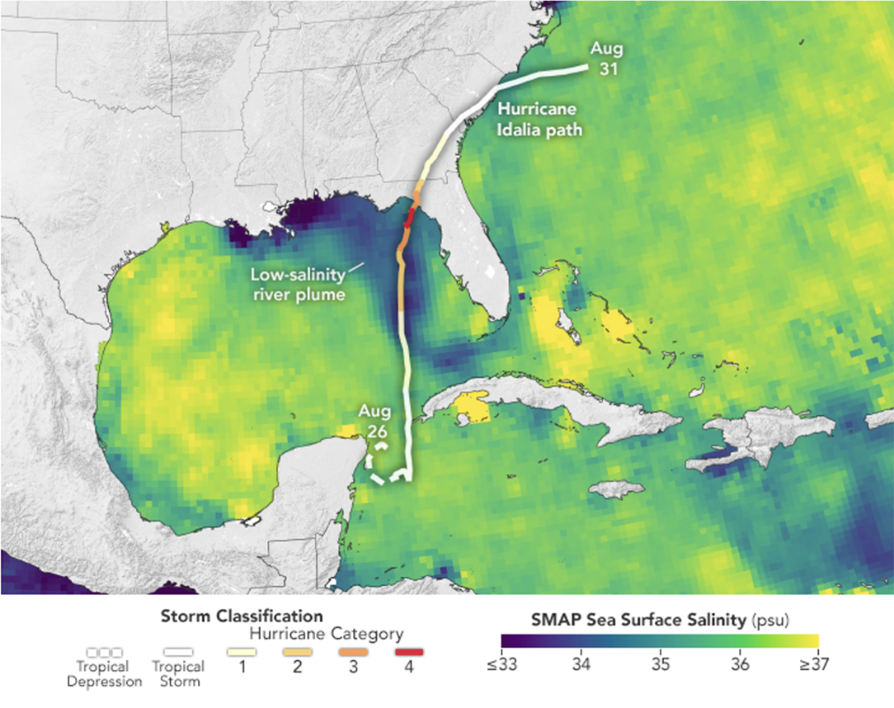A map showing a low-salinity plume of freshwater stretched from Mississippi to the Florida Keys along Hurricane Idalia’s path