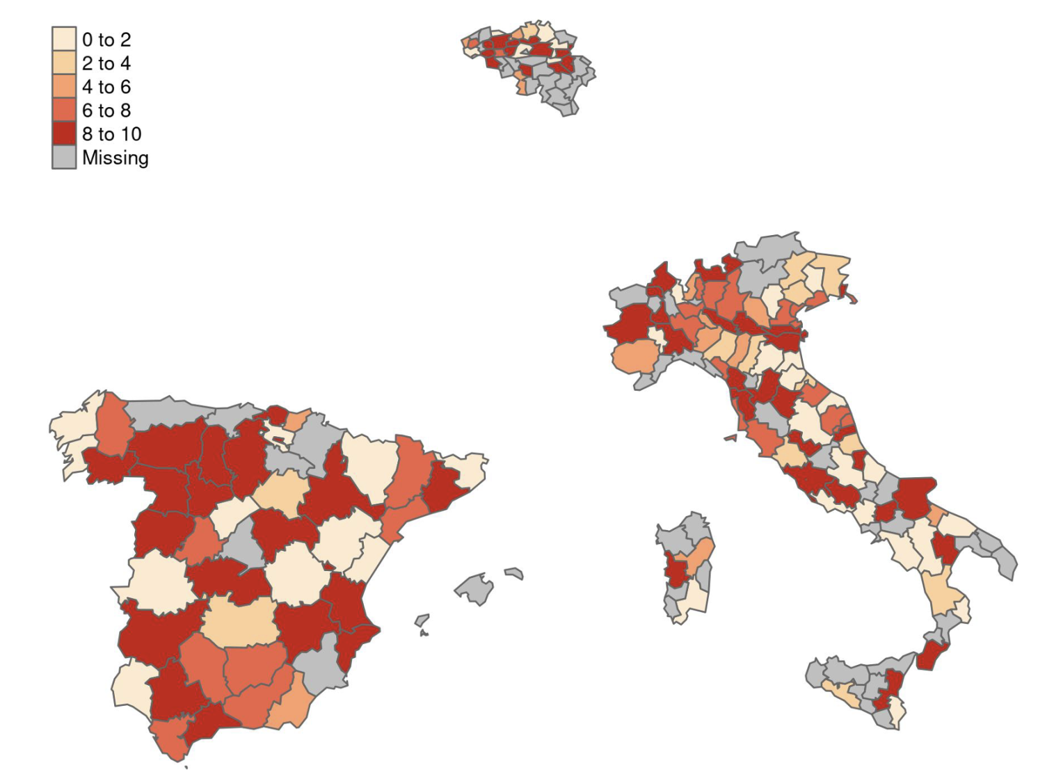 Map of flood risk across counties in Spain and Italy