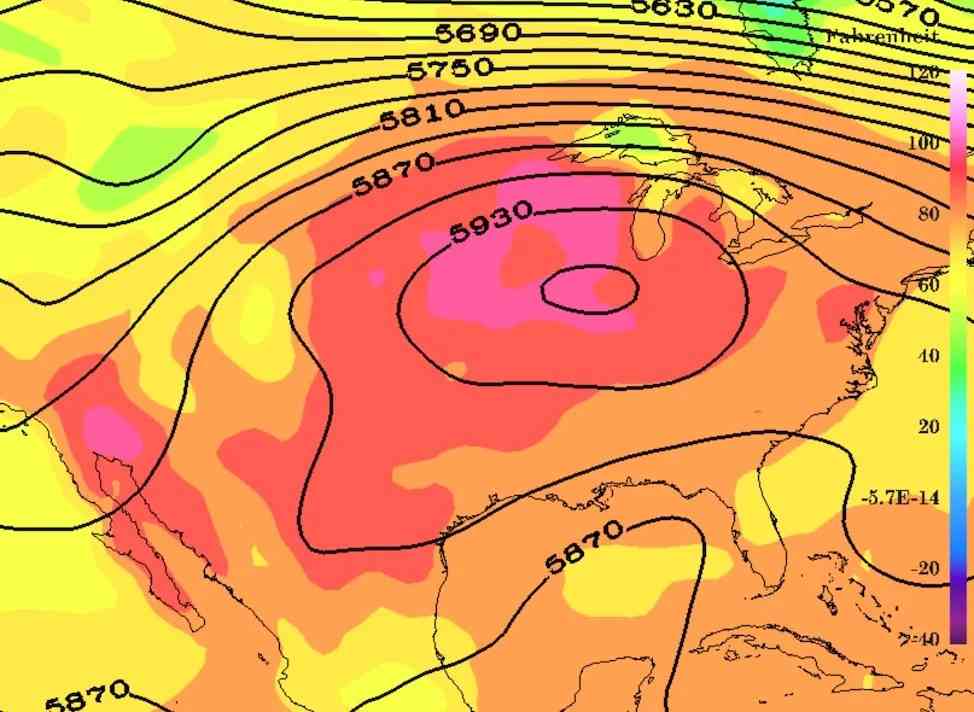 A rare example of a classic dome-like heat pattern from 3 p.m. CDT July 13, 1995, in the midst of a horrific multiday heat wave that caused more than 700 deaths in Chicago, Illinois.