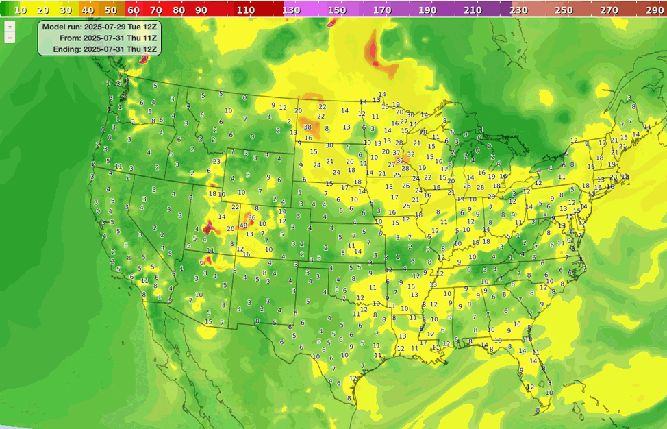 Surface PM 2.5 forecast from the 12 UTC (8 a.m. EDT) Thursday, July 29 run of NOAA’s Air Quality Model (AQM v7), valid at 8 a.m. EDT Thursday, July 31