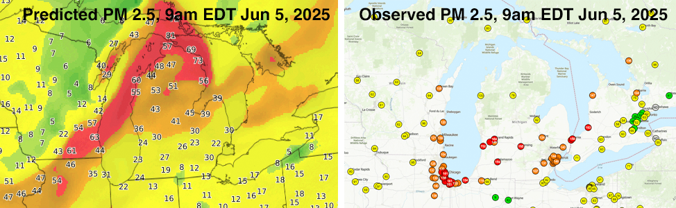 Predicted surface PM 2.5 levels seven hours into the future from NOAA’s AQM v7 model (left) vs. observed PM 2.5 (right) valid at 9 a.m. EDT June 5, 2025.