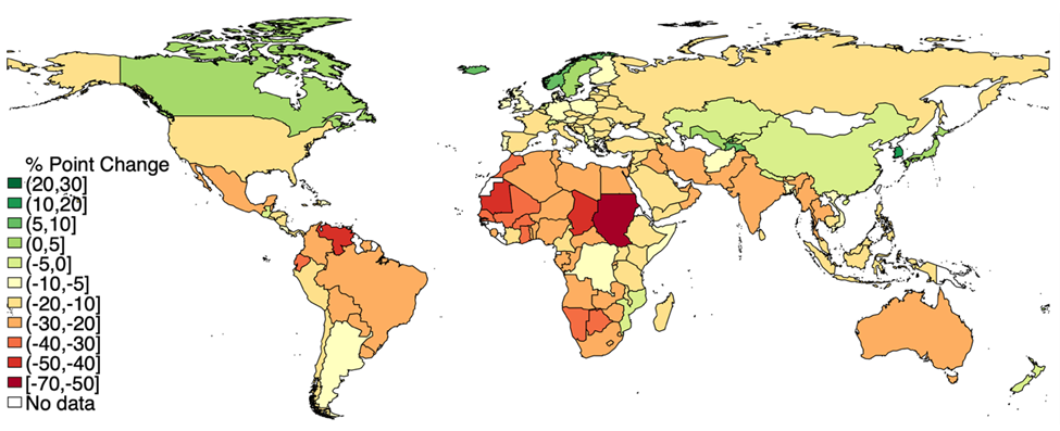 A world map showing relative impacts of global warming on agricultural vs manufacturing productivity (High Emissions Scenario)