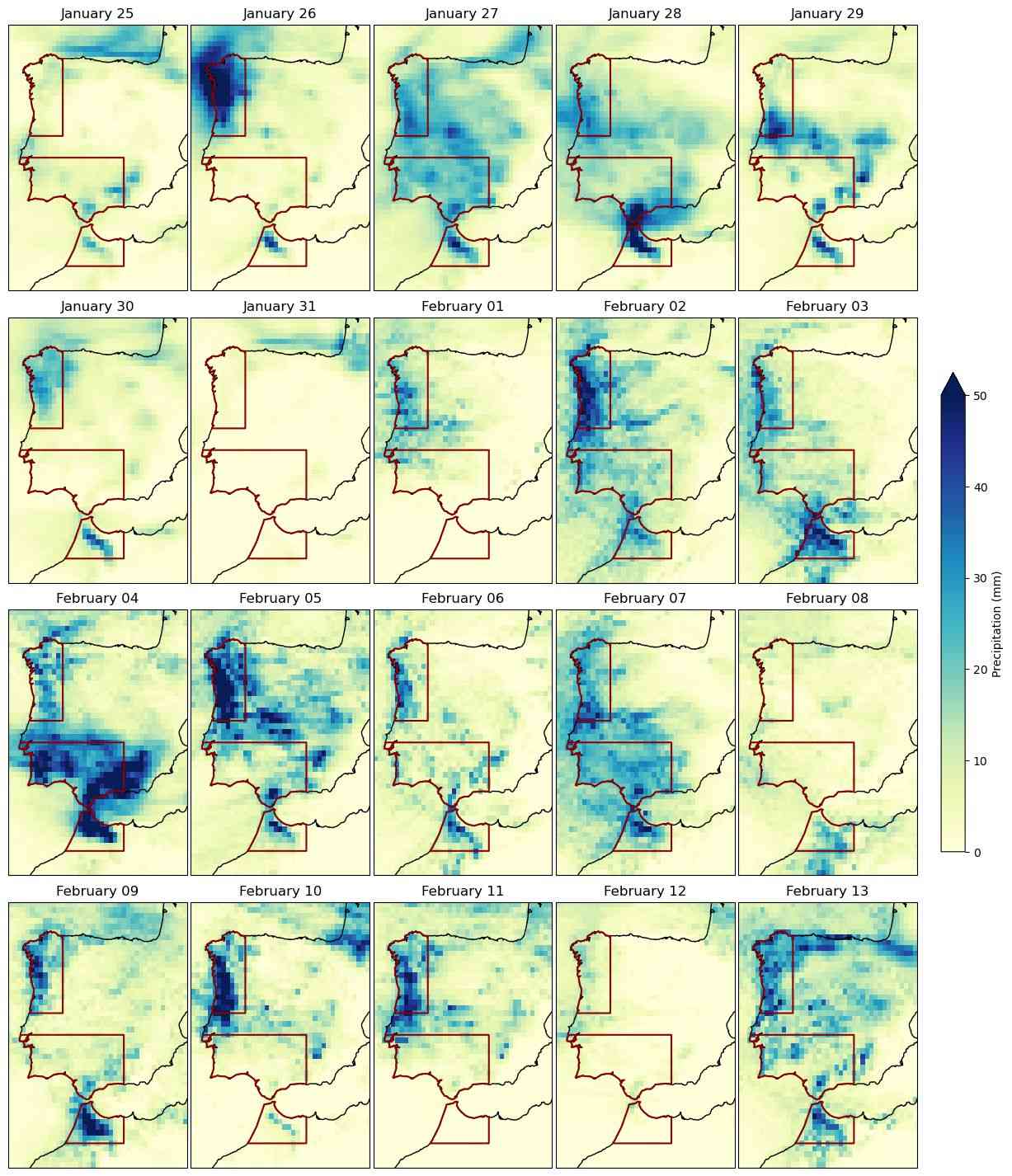 Maps of total daily precipitation from late January to mid February
