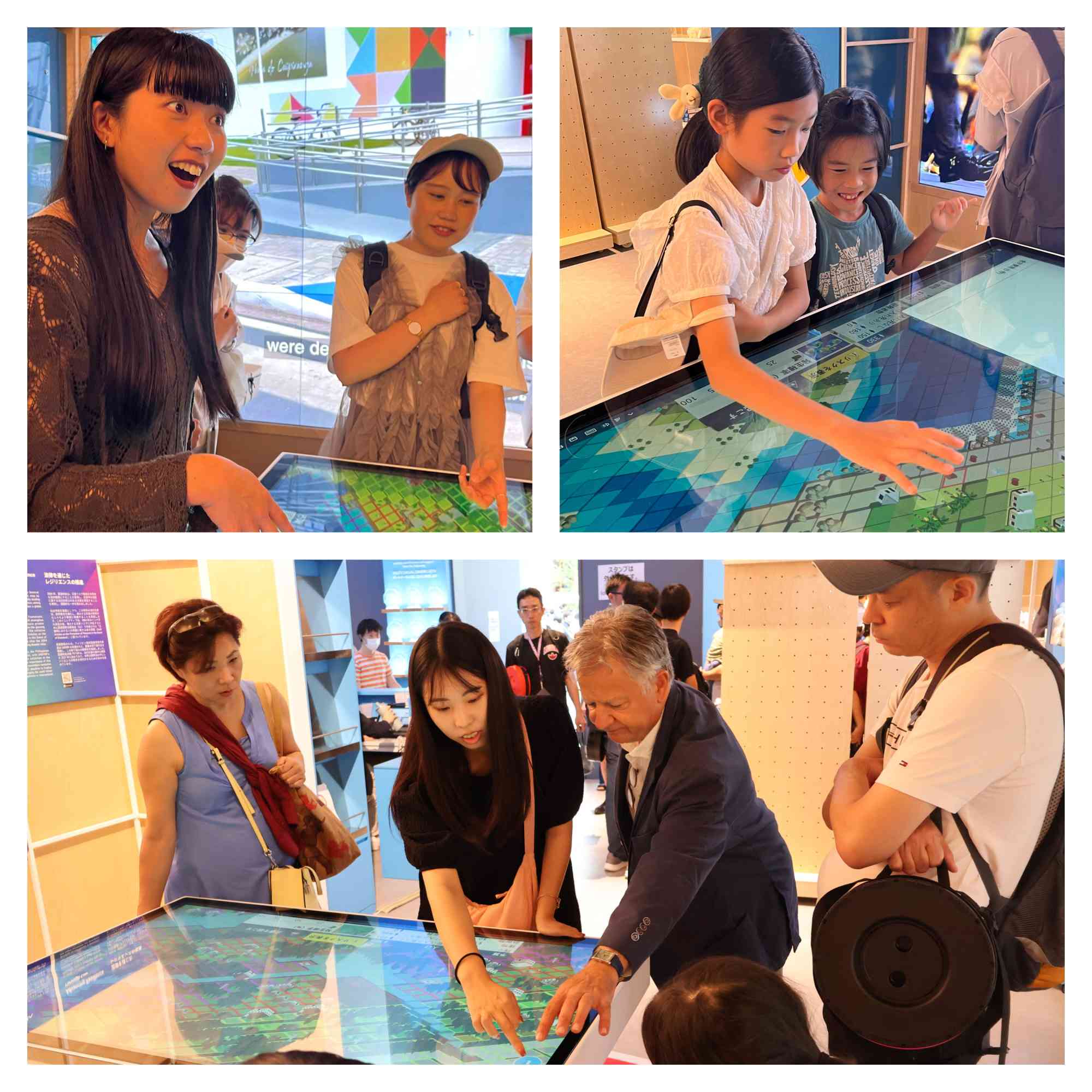 People visiting the World Expo in Osaka, Japan, playing the Stop Disasters game