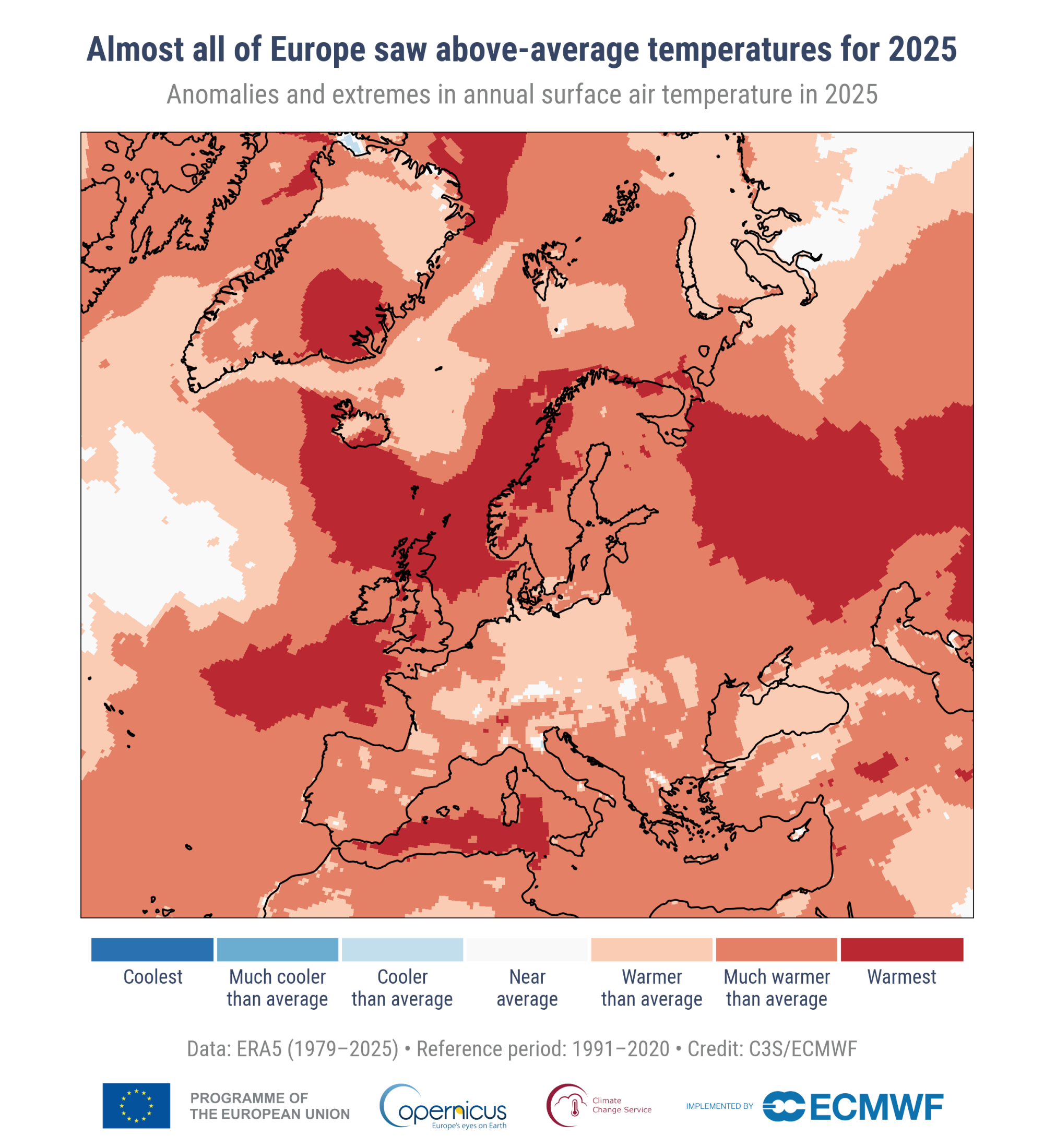 Anomalies and extremes in annual surface air temperature in 2025.