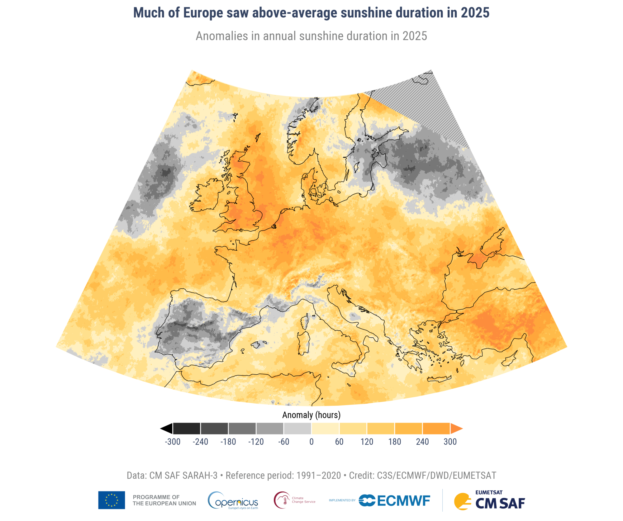 Sunshine duration anomalies (hours) over Europe for 2025, relative to the average for the 1991–2020 reference period.