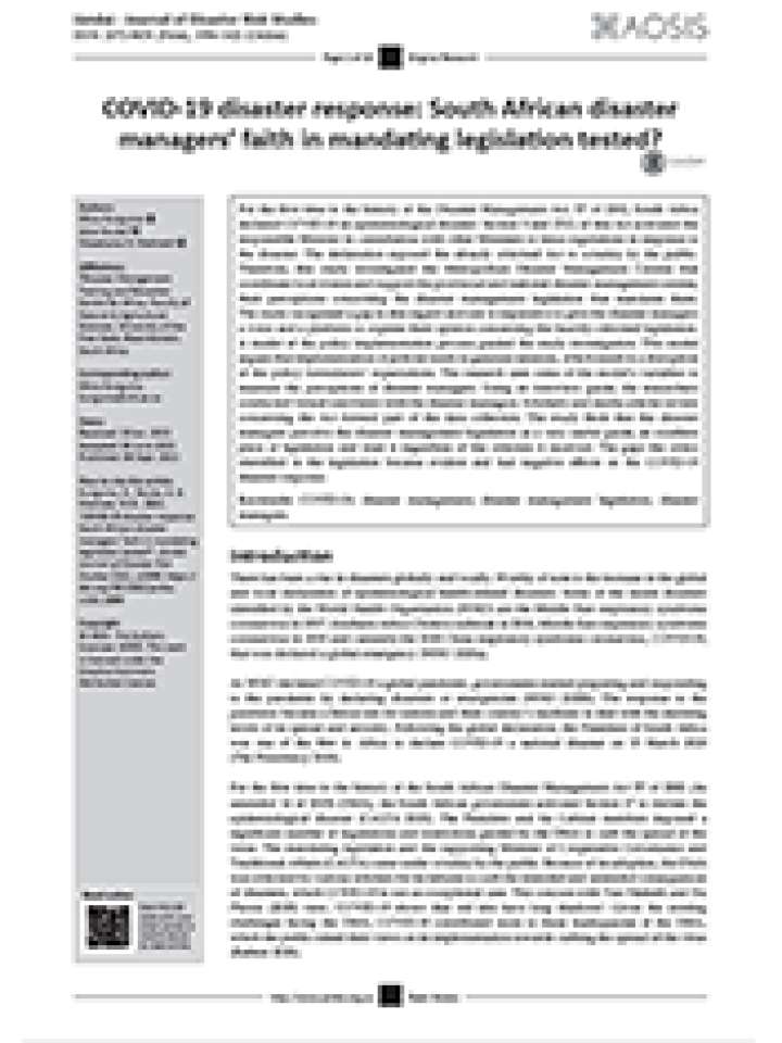 COVID-19 disaster response- South African disaster managers’ faith in mandating legislation tested