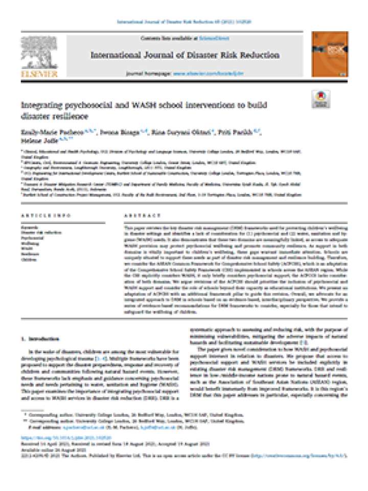 Integrating psychosocial and WASH school interventions to build disaster resilience