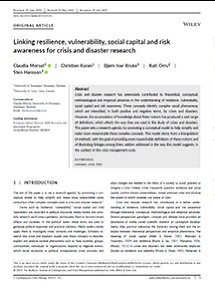 Linking resilience, vulnerability, social capital and risk awareness for crisis and disaster research