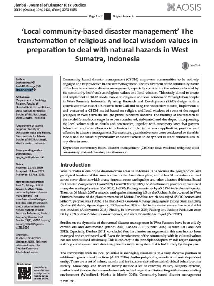 ‘Local community-based disaster management’ The transformation of religious and local wisdom values in preparation to deal with natural hazards in West Sumatra, Indonesia