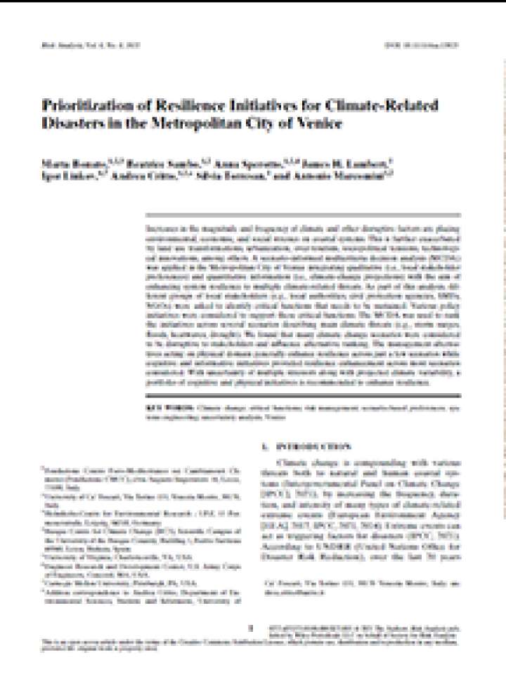 Prioritization of Resilience Initiatives for Climate-Related Disasters in the Metropolitan City of Venice