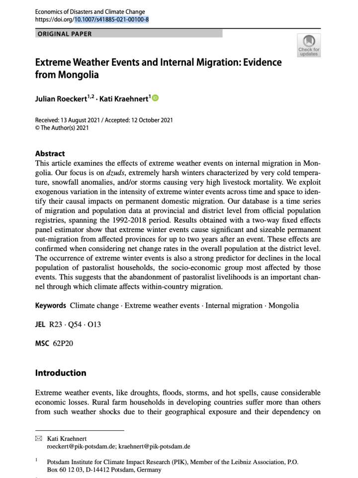 Coverpage of "Extreme weather events and internal migration: Evidence from Mongolia"